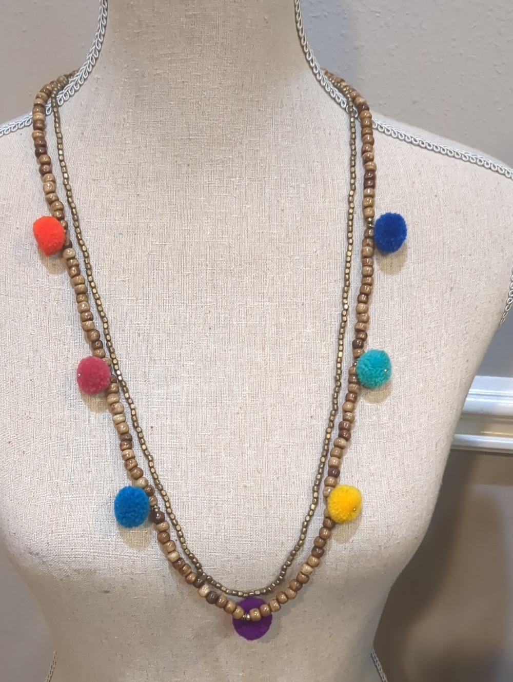 Boho Pom Pom Bead Layered Necklace - Multicolor